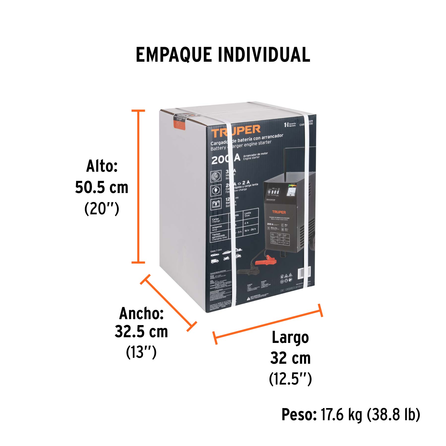 Cargador c/arrancador de 200 A para baterías de 12 V, TRUPER 13029