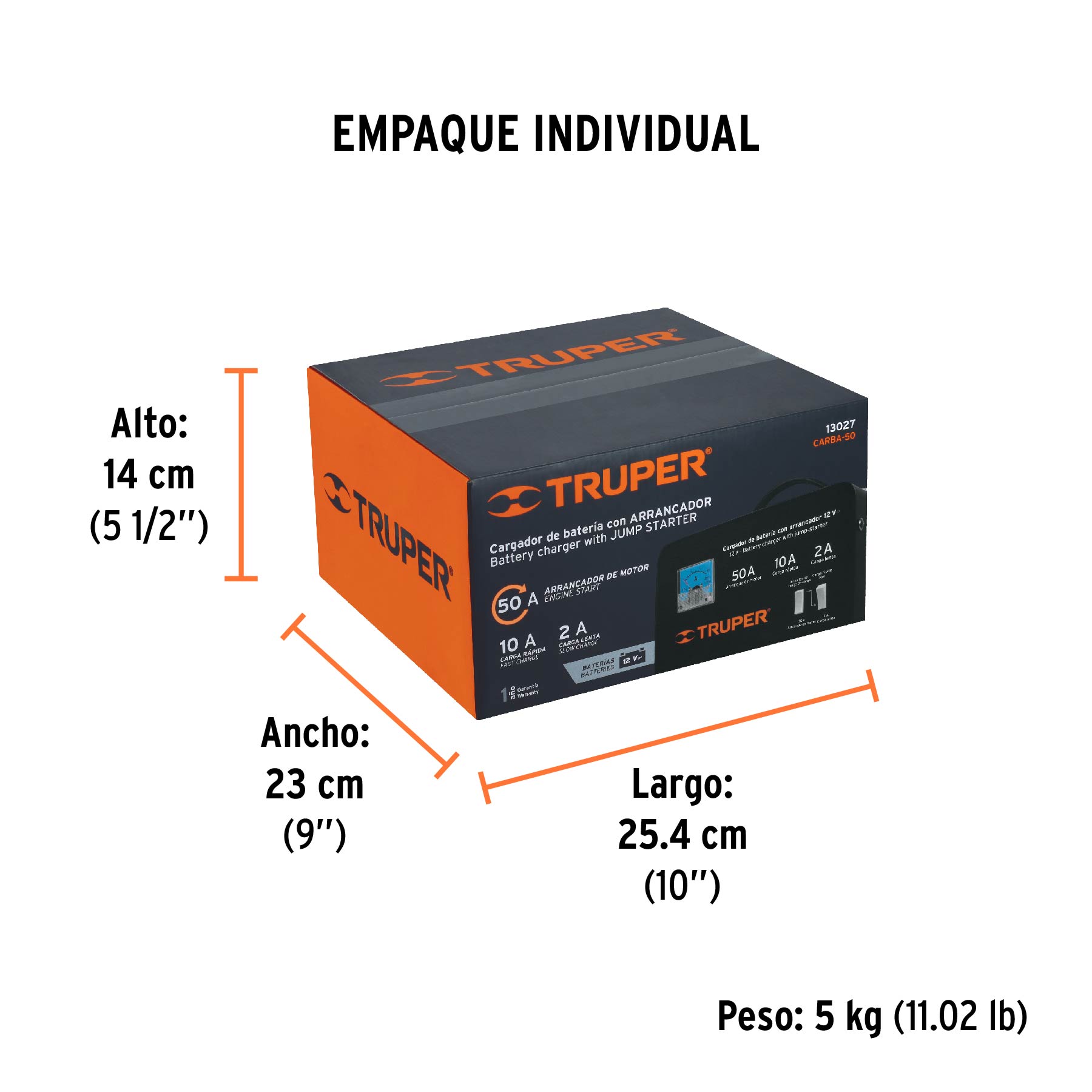 Cargador c/arrancador de 50 A para baterías de 12 V, TRUPER 13027