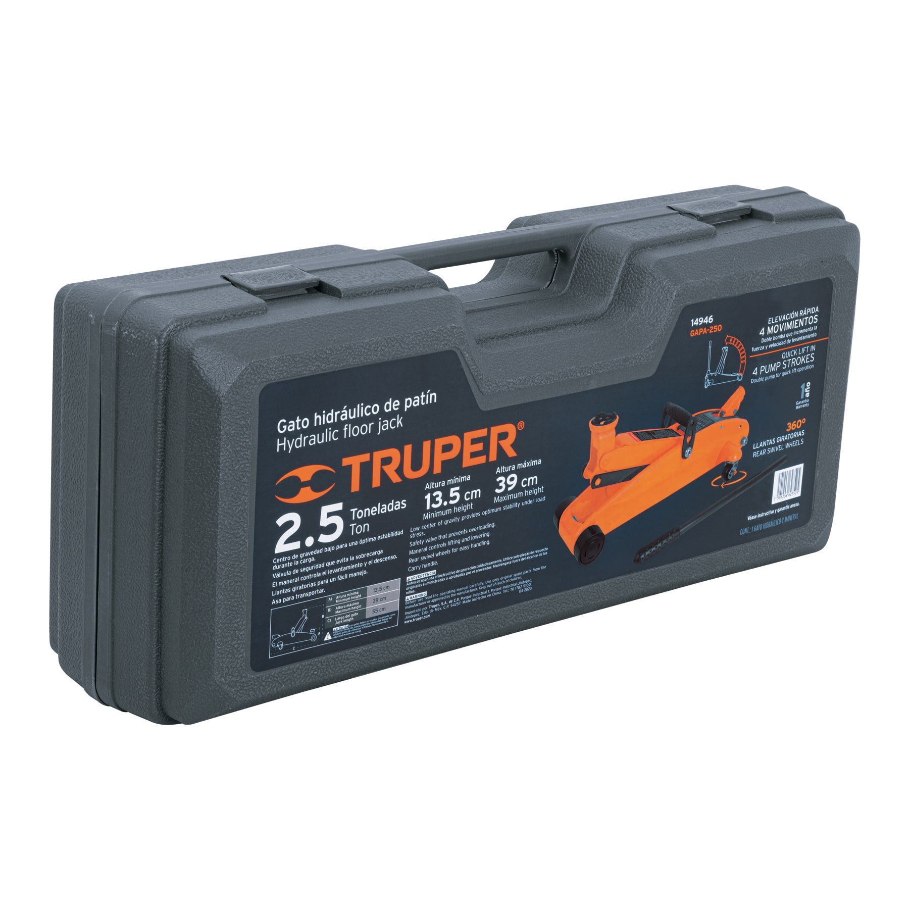 Gato hidráulico de patín 2.5t, elevación rápida, con maletín