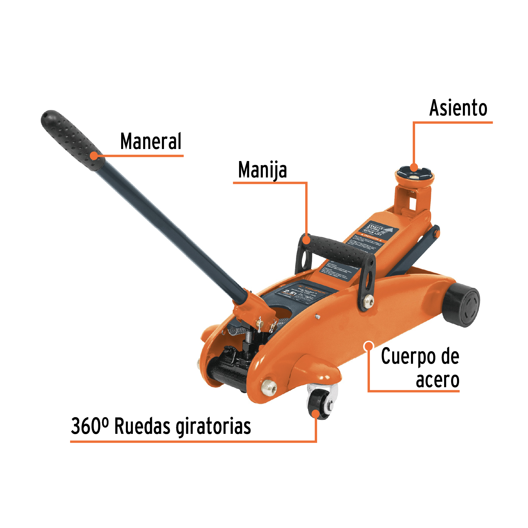 Gato hidráulico de patín 2.5t, elevación rápida, con maletín