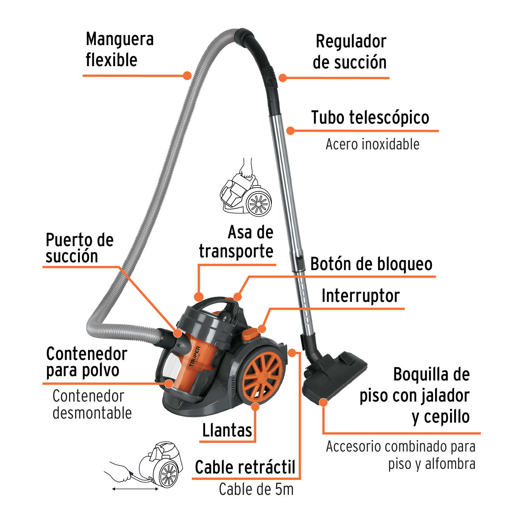 Aspiradora canister 2 L (0.5 gal) 1200 W (1.6 Hp) TRUPER 103191