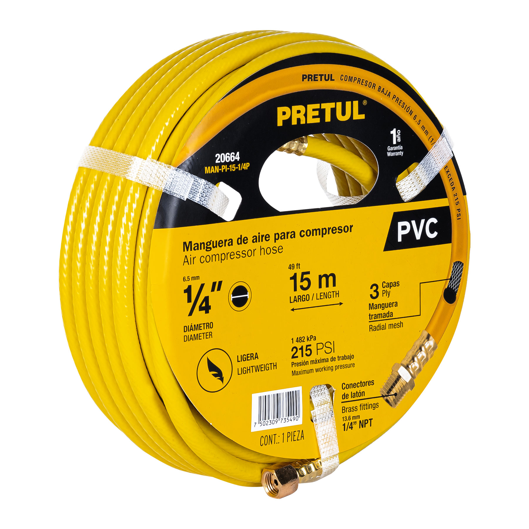 Manguera para compresor, de PVC, 15m x 1/4", Pretul