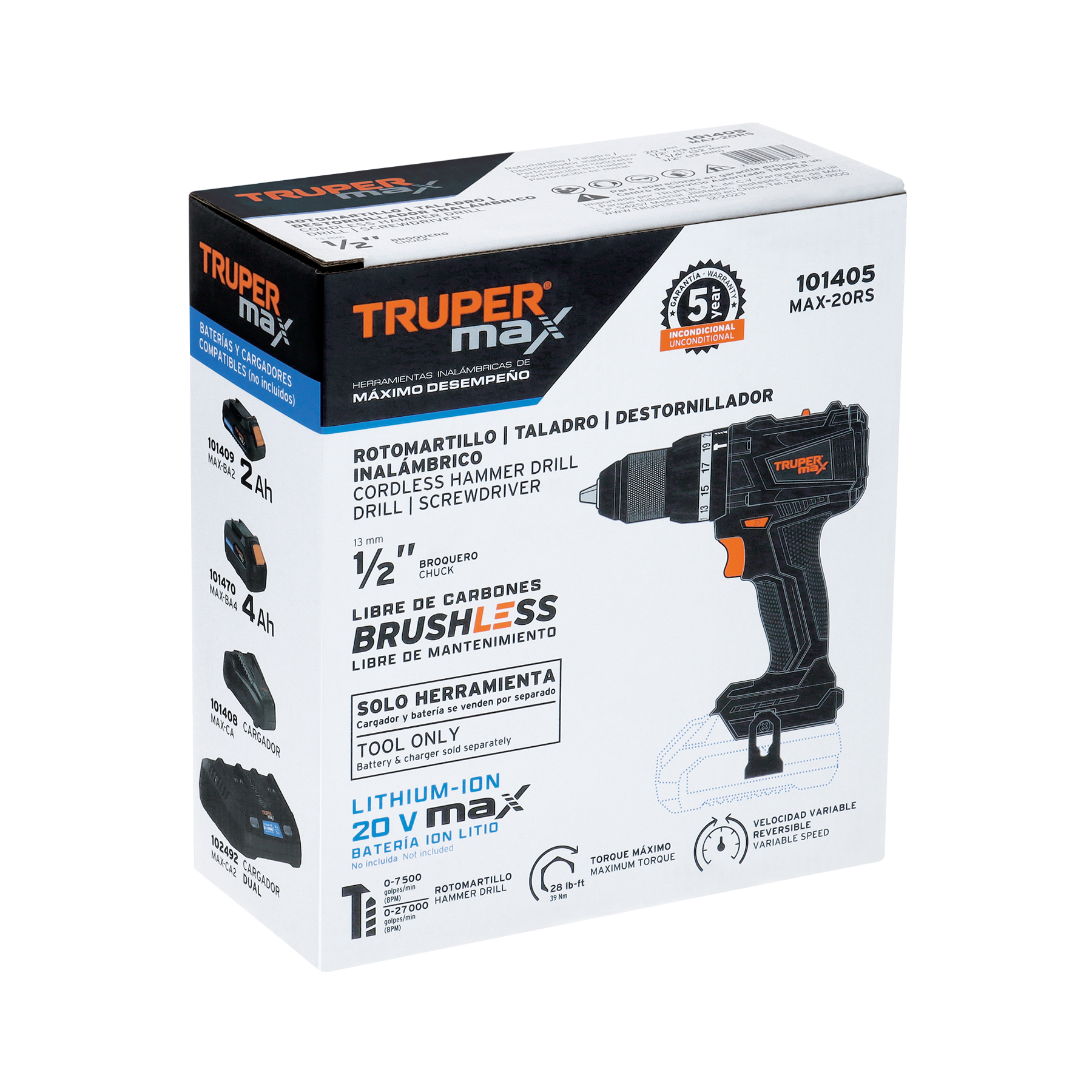 Taladro percutor inalambrico 1/2" 20V sin accesorios MAX 101405