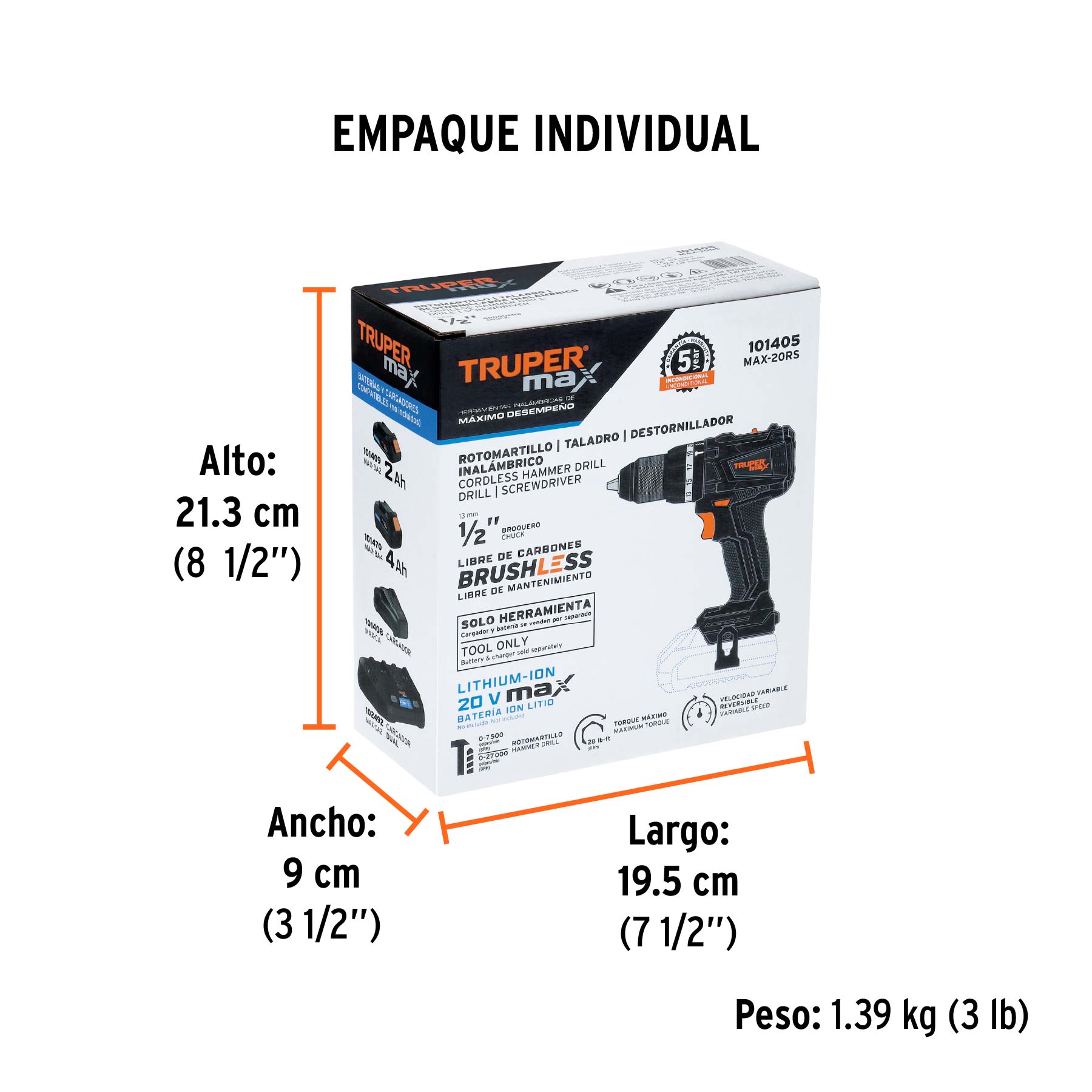 Taladro percutor inalambrico 1/2" 20V sin accesorios MAX 101405