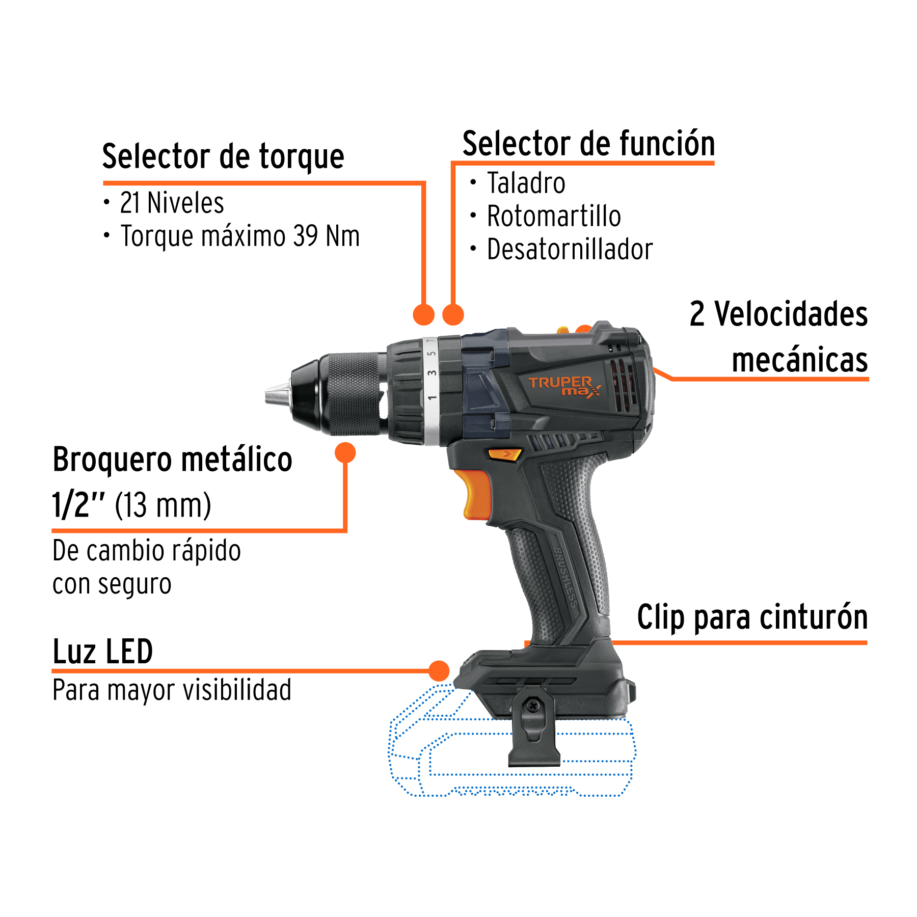 Taladro percutor inalambrico 1/2" 20V sin accesorios MAX 101405