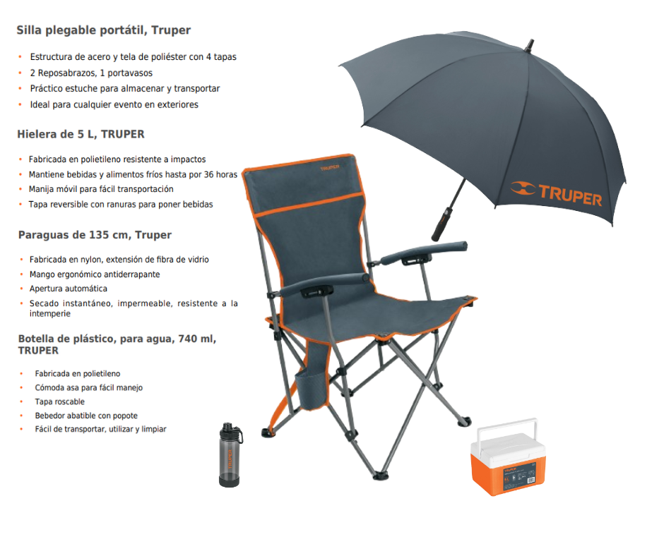 Kit Playero Truper con silla, sombrilla, botella y nevera